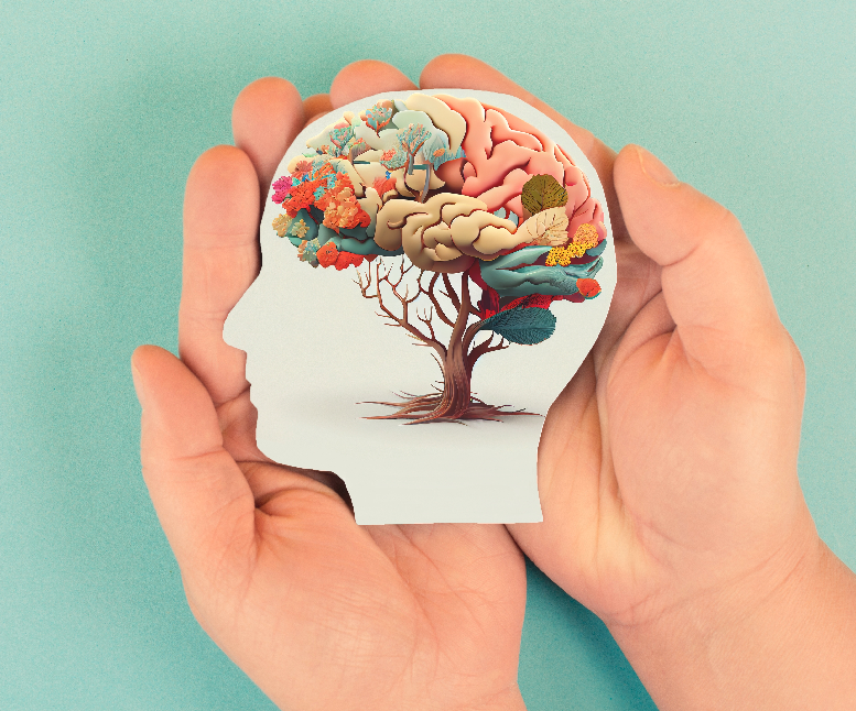 Hands,Holding,Paper,Head,Human,Brain,With,Flowers,Self,Care